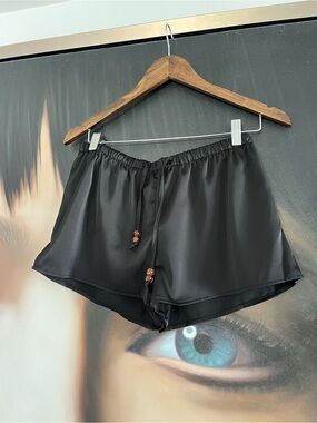 Black Satin Women's Shorts with beaded accent drawstrings
